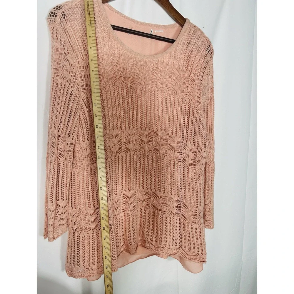 Vintage Womens Open Knit Boho Crochet Sweater Pink Fairy Coquette Asymmetric Y2K